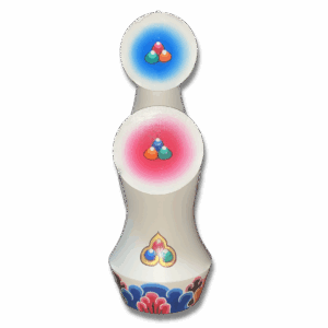 A handpainted Peaceful Ritual Torma used in Buddhist rituals, featuring a white color with jewel designs and traditional symbols.