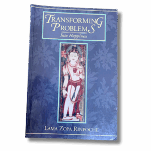 Front cover of the book “Transforming Problems Into Happiness” by Lama Zopa Rinpoche, featuring a deep blue patterned background with a central vertical image of a Buddhist deity in red and white tones framed in gold.