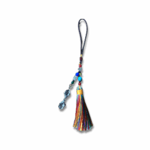 Tibetan vajra hanging charm with multicolour tassel and bead accents, featuring a clear crystal vajra pendant and braided cord, suitable for hanging in cars, bags or sacred spaces.