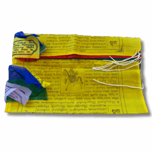 Folded Tibetan prayer flag set featuring yellow Gyaltshen Tsemo victory banner flags printed with black Tibetan script and a central image of the wind horse carrying the jewel of wishes, bound with white cotton strings and layered with blue, green, red, and white flags.
