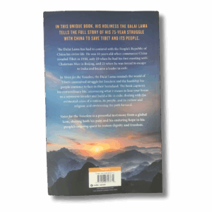 Back cover of “Voice for the Voiceless” by His Holiness the Dalai Lama with text about his lifelong struggle to save Tibet, set over a mountain sunrise landscape with a barcode at the bottom.