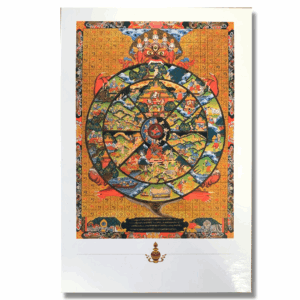 Tibetan Buddhist Wheel of Life (Bhavachakra) art card showing the detailed circular mandala held in the jaws of Yama, with the six realms of existence illustrated in vibrant reds, golds and blues on a postcard-sized print.