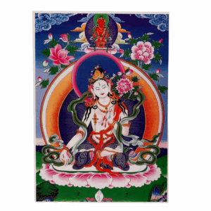 A colorful card featuring the image of White Tara, a Buddhist deity, seated amidst floral motifs and a serene background.