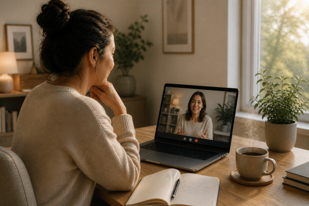 Cozy home office video call moment